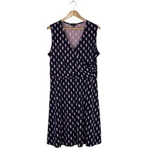 Lands End Printed Sleeveless Surplice V-Neck Knee Length Faux Wrap Dress Navy XL